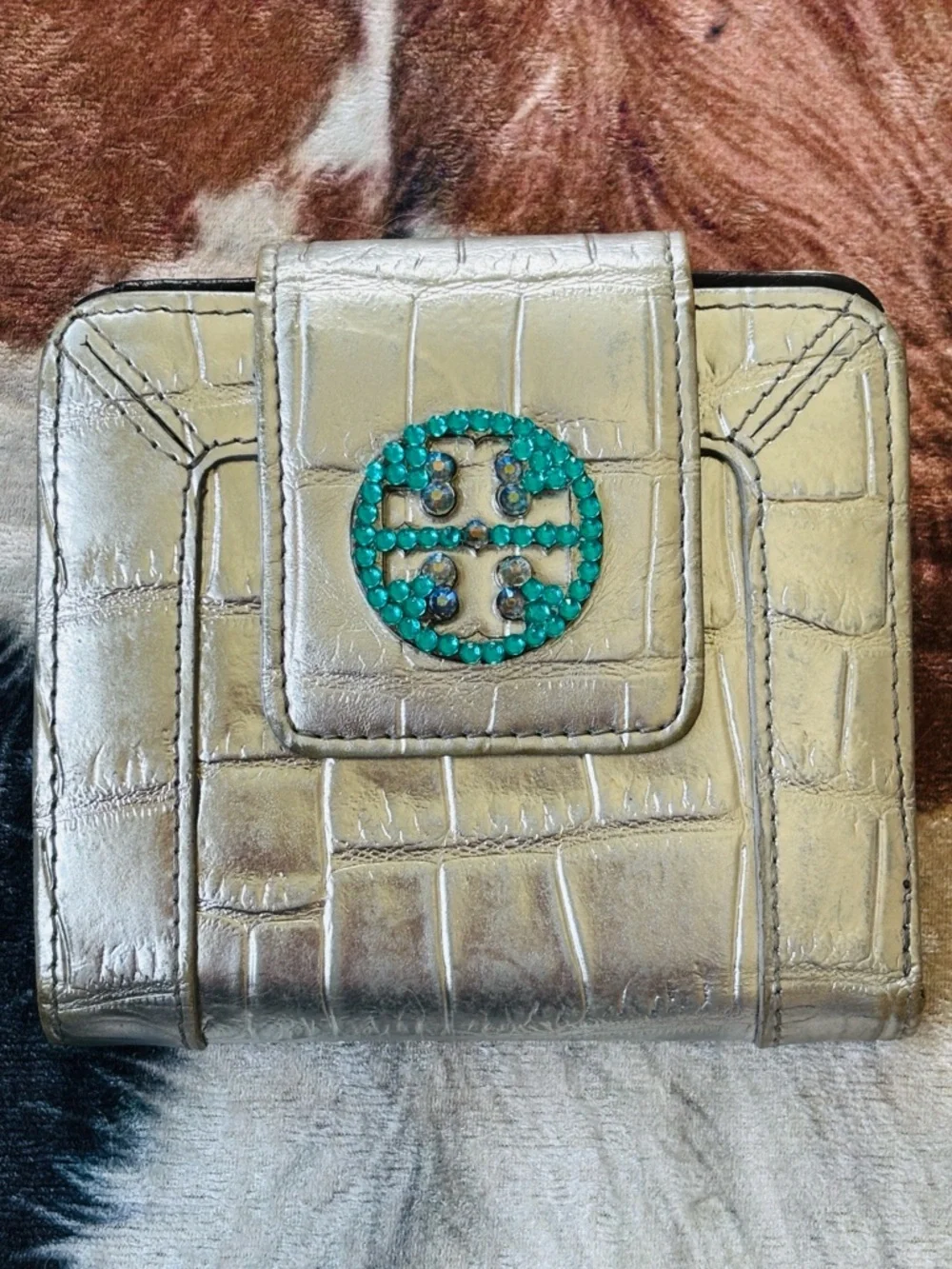Tory Burch Metallic Silver Croc-Embossed Leather Bifold Wallet Teal Crystal Gems